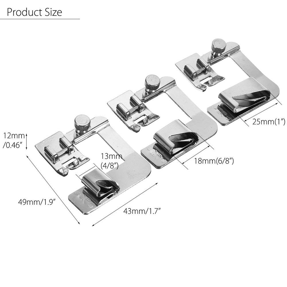 YEQIN 3 Sizes Wide Rolled Hem Pressure Foot Sewing Machine Presser Foot Hemmer Foot Set 1/2 Inch, 3/4 Inch, 1 Inch Compatible with for Brother Singer and Other Low Shank Sewing Machine
