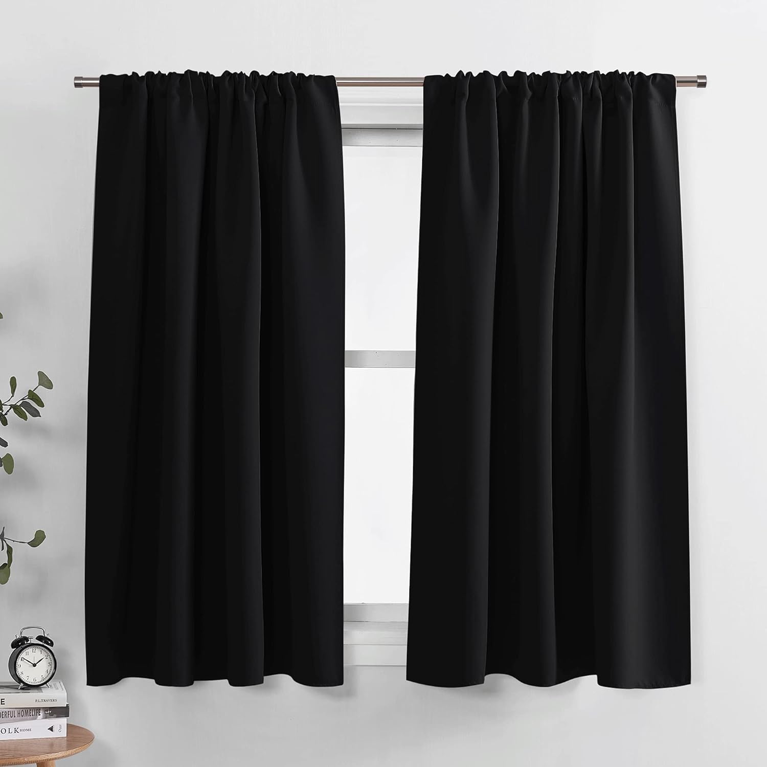 Window Treatments - PONY DANCE Bedroom Blackout Curtains - Black Short Shades 45 inch Long,Light Block Thermal Insulated Panels for Kitchen,Rod Pocket Room Darkening Window Treatments, 42