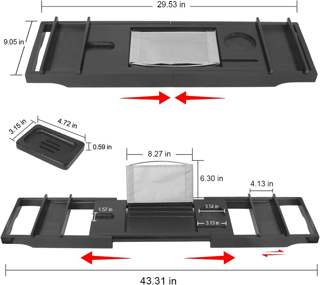 Bamboo Bathtub Caddy Tray Expandable for Luxury Bath,Bath Accessories & Table with Wine Glass Holder,Book Stand Bathroom Organizer with Extending Sides for Men/Women,Free Soap Holder,Black: Kitchen & Dining