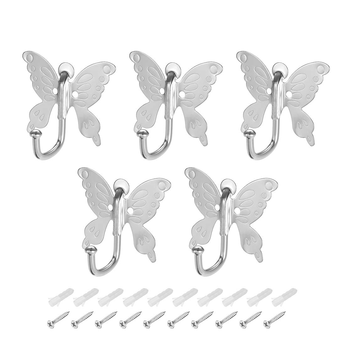 sourcing map 5Pcs Wall Mounted Hook Robe Hooks Butterfly Style Single Clothes Hanger, Zinc Alloy, Silver