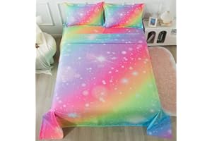 ADASMILE A & S Rainbow Fitted Bed Sheet for Kids 4 Pieces Rainbow Sheets Queen for Girls Pink Glitter Tie Dye Pastel Bed Set (1 Flat Sheet + 1 Deep Pocket Fitted Sheet and 2 Pillowcases) Bedroom Decor