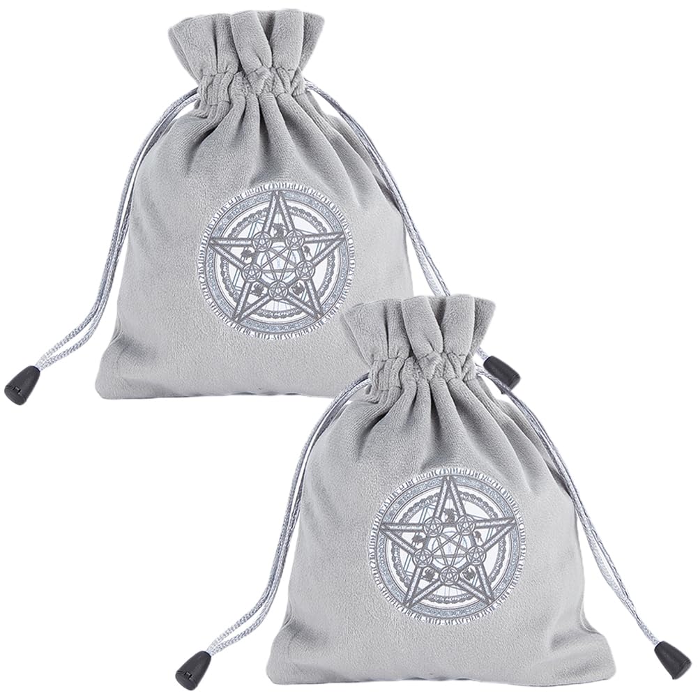CREATCABIN 2Pcs Tarot Bags Velvet Tarot Card Storage Bag Pouches Pentacle Array Holder Set Rune with Drawstrings Large Packing for Tarot Card Crystal Jewelry Dice Gift Halloween 7.08 x 5.51 Inch-Grey