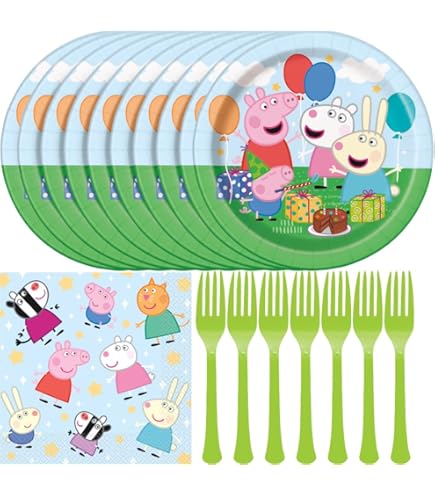 Peppa Pig Décorations De Fête D'anniversaire Pour 8 Personnes – Assiettes, Tasses, Serviettes, Fourchettes, Nappes, Bannières, Ballons | Peppa Pig Fournitures De Fête Pour Garçons Et Filles
