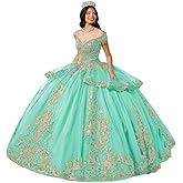 DXUOPL Glitter Tulle Quinceanera Dress with Train Luxury Tassel Sweet 15 16 Dress with Detachable Bow Gold Beaded Ball Gown