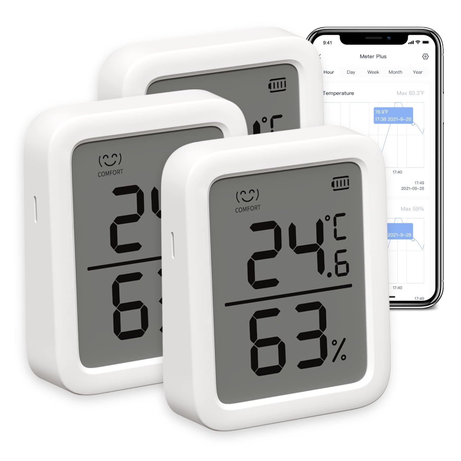 SwitchBot Indoor Thermometer Hygrometer 3 Pack, Indoor Temperature Humidity Sensor with Smart Alert & 68-Day Data Storage, 3In Bluetooth Room Thermometer (Meter Plus 3Pack)