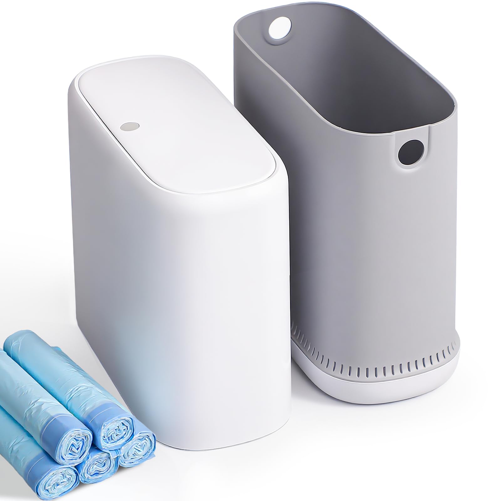 Purexa 3 Gallon Slim Small Bathroom Trash Can with Lid, White Dog Proof Garbage Can with Air-Press Bag Expander & Removable Bucket, Narrow Bathroom Waste Basket for Bedroom, Office, Dorm