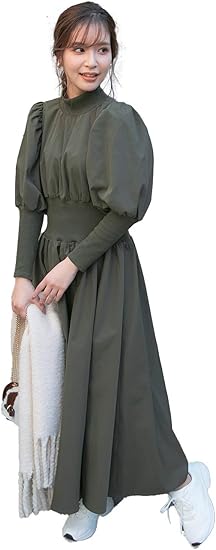 Amazon Co Jp ビッキー Vicky リブ使いハイネックワンピース 手洗い可能 M カーキ 服 ファッション小物