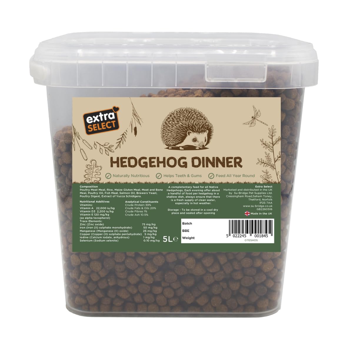 Extra Select Premium Hedgehog Dinner: Nutrient-Rich Dry Hedgehog Food for Year-Round Feeding - 5L Tub