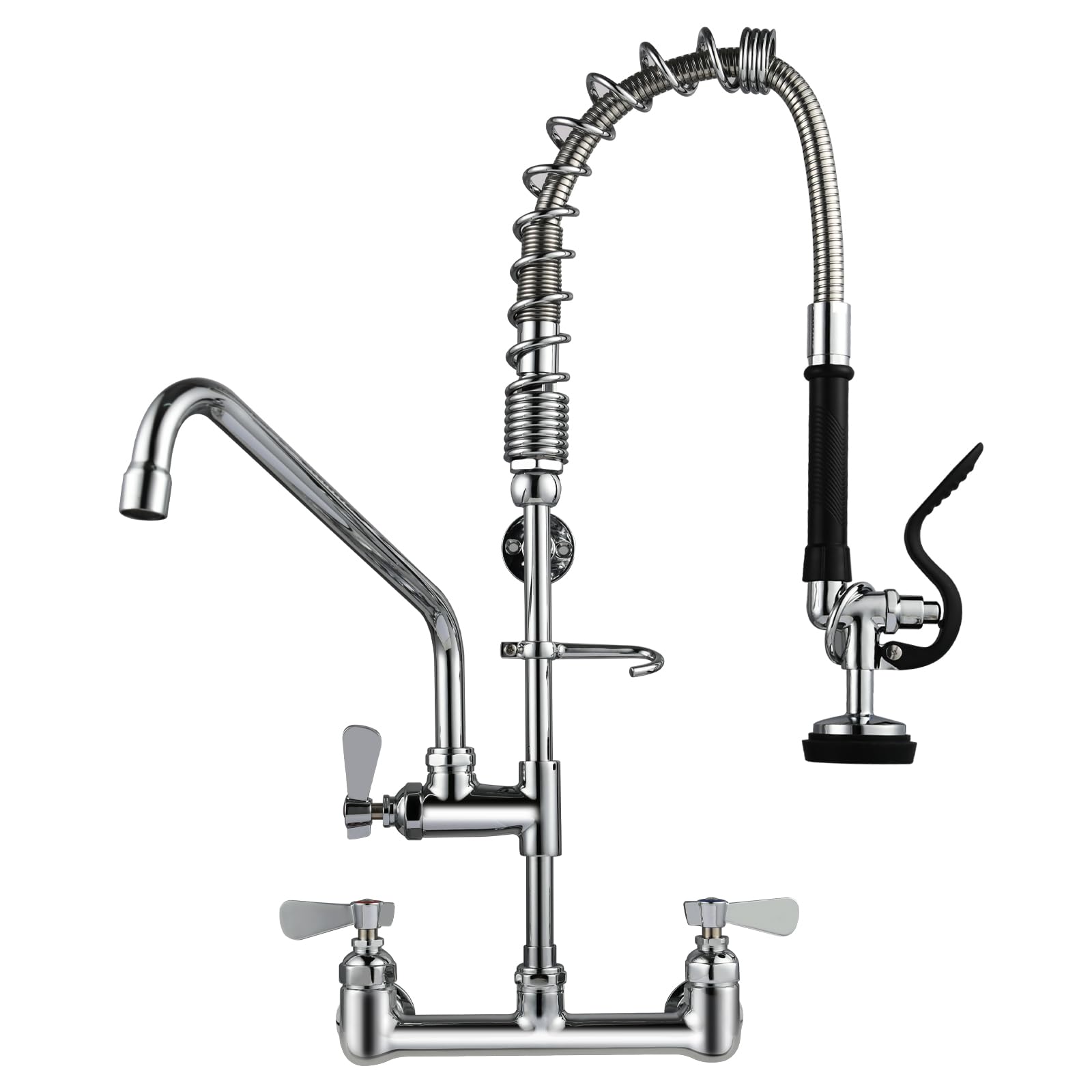 Photo 1 of APLWY 25" Height Commercial Faucet Wall Mount with Sprayer 8" Adjustable Center 12" Swing Spout, Wall Mount Kitchen Sink Faucet with Pull Down Pre-Rinse Sprayer for 1/2 Compartment Sink