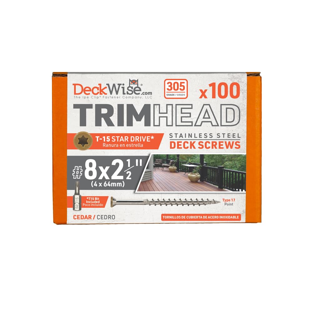 DeckWise #8x2-1/2 Stainless Steel Trim-Head Deck Screws, T15 Head, Covers 50 Sq. Ft. of Decking (100 Pack)