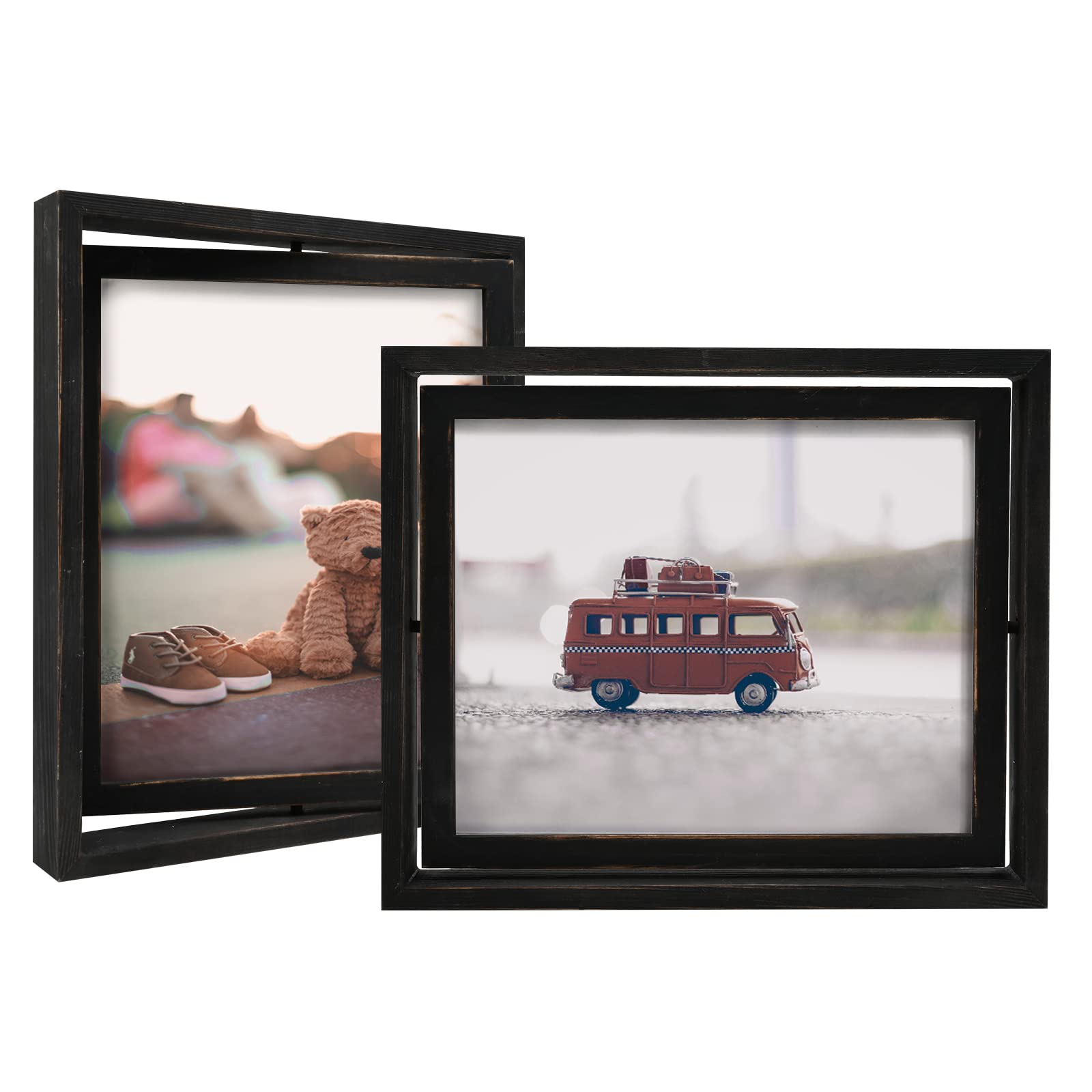 EGOFINE 2 Pack 10x8 Rotating Floating Picture Frames,Double-Sided Display with HD Glass Front Wooden Distressed Frame for Vertical or Horizontal Tabletop Display, Black