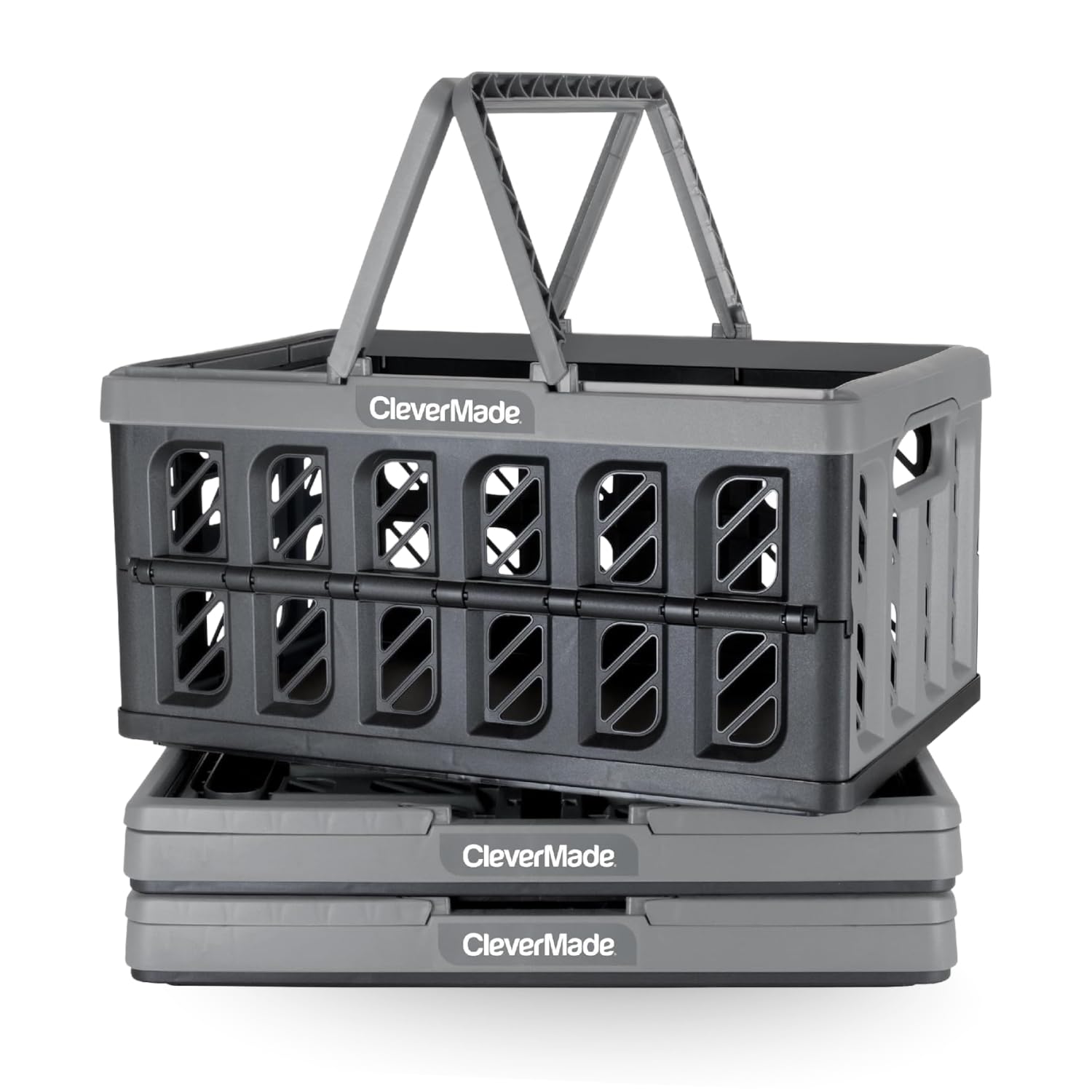 Photo 1 of (ONLY ONE) CleverMade Collapsible Shopping Basket, Stone, 3PK - 24L (6 Gal) Reusable Plastic Grocery Shopping Baskets, Holds 25lbs Per Basket - Small Foldable Storage Crates with Handles