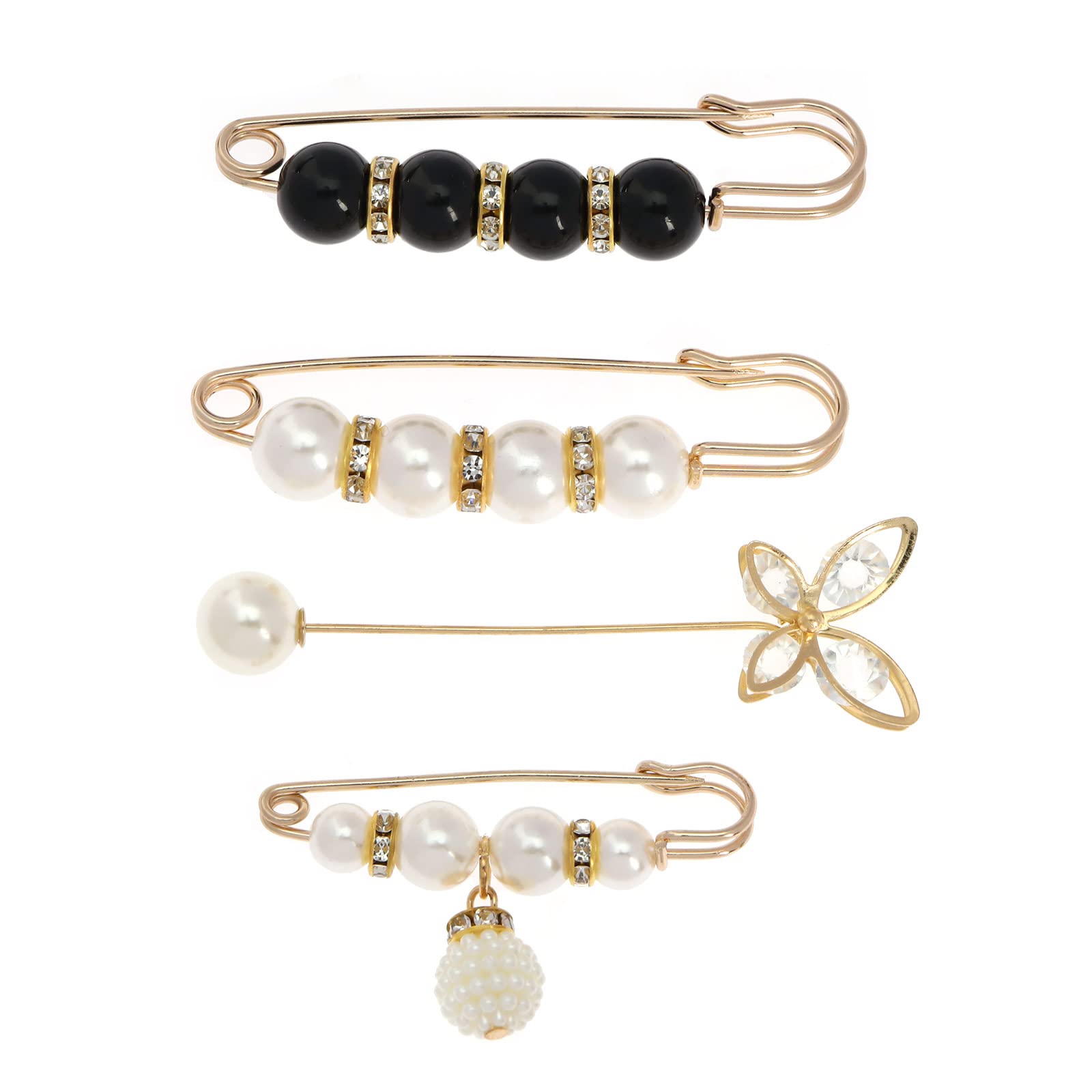The Lord of the Tools 4 Pieces Pearl Brooch Pins Butterfly Rhinestone One Word Brooch Set Cardigan Collar Safety Pins for Women Girls Clothing Dresses Decoration Accessories
