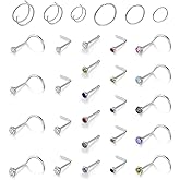 Gotumo 20G Nose Rings Titanium Nose Studs Cubic Zirconia Nose Piercing Jewelry Hypoallergenic Nose Rings Studs for Women Men 30pcs set Silver