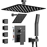 Shower Systems with 4 Body Spray Jets, STARBATH 4 Way 12+6" Rainfall Shower Head with Handheld Combo, Ceiling Mounted Shower Jets System in Wall Shower Faucet Sets Complete, Matte Black
