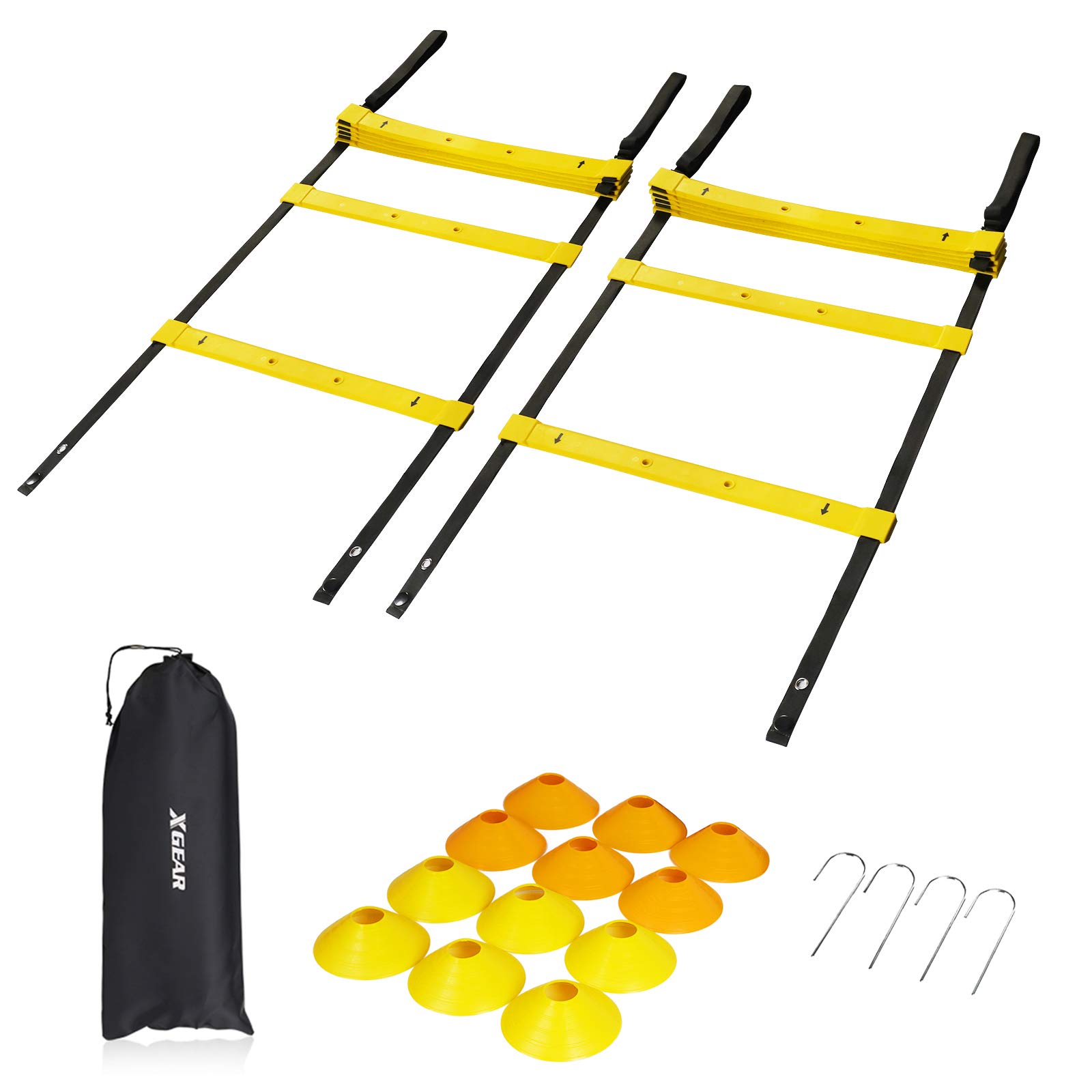 XGEAR Speed & Agility Training Set with 2 TPE Ladders(10FT,7rungs per ladder),12 Agility Cones