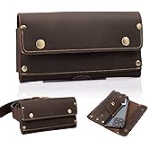Topstache Leather Phone Holster - Two Pockets Cell Pouch, Card Holder, Wallet for Cash, iPhone 13 Pro Max & Pro Cases - Dark Brown
