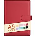 Sooez A5 Notebook Photocard Binder, 6 Ring Planner, Stylish Loose Leaf Personal Organizer Cover with Magnetic Buckle, PU Leather Binder Women with Macaron Colors (Red)