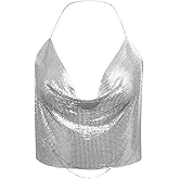 Womens Sexy Sparkly Chain Top Metallic Sequin Rhinestone Halter Backless Crop Outfit EDM Party Club Tank Shirt