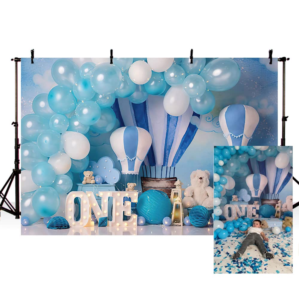 MEHOFOND 10x7ft Blue Boy 1st Birthday Photography Backdrops Balloons Hot Air Balloon Bear Baby Adventure Background Newborn Photographer Photo Props Party Decor Studio Booth Supplies