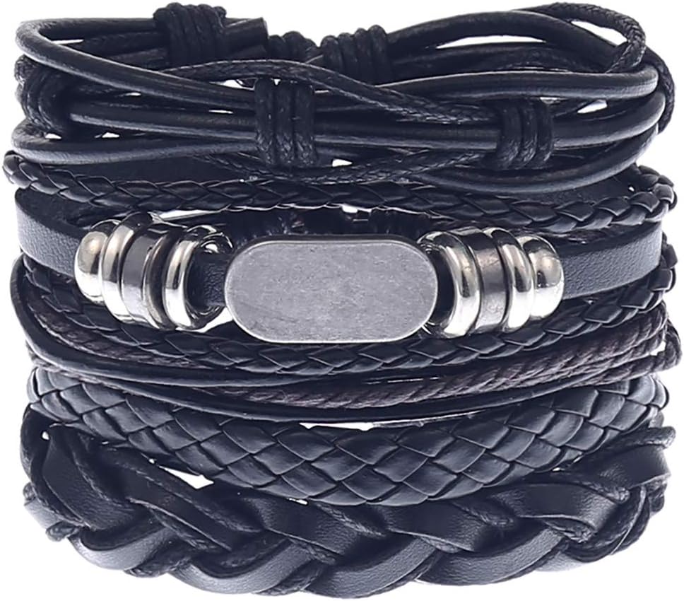 5PCS Men Simple Vintage Woven Leather Bracelet Alloy Bracelet Bangle Wristband Set