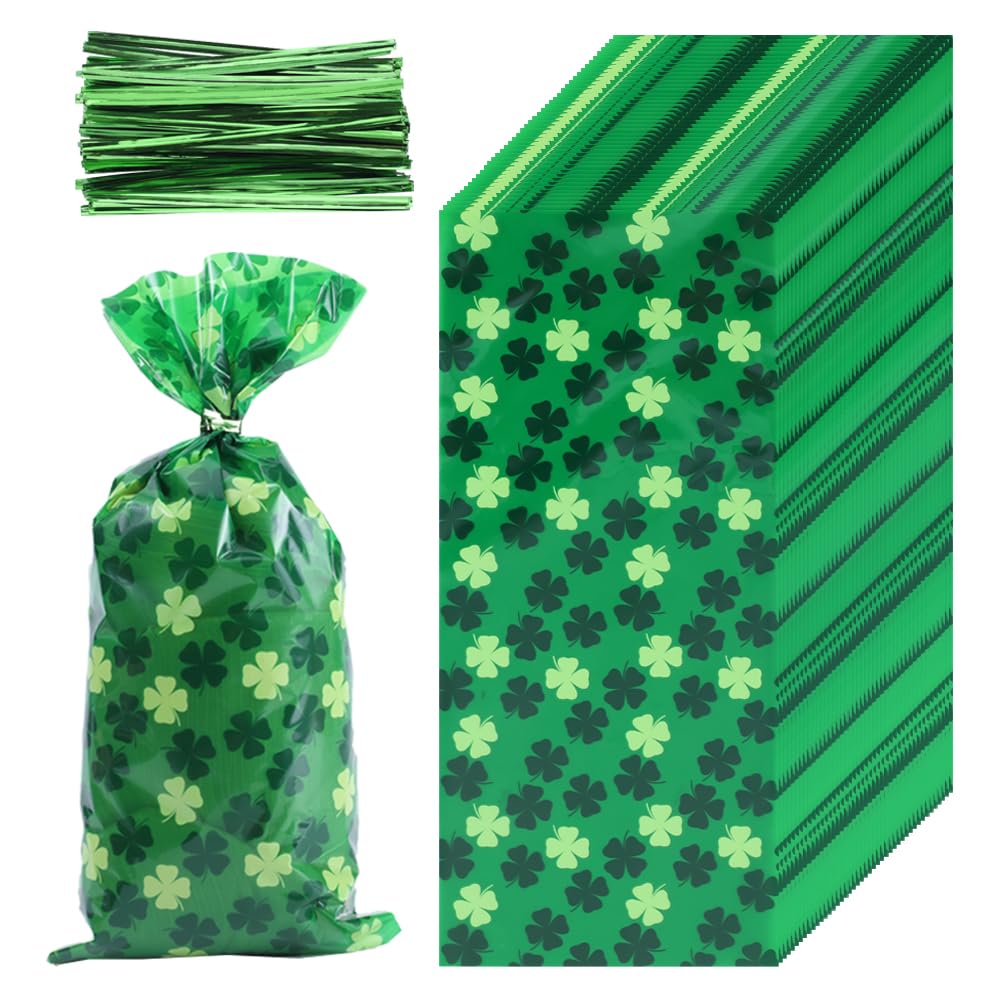 GORGECRAFT 100PCS St. Patrick's Day Cellophane Treat Bags Shamrock Four-leaf Clover Irish Green Lucky Plastic Cello Goody Candy Cookie Gift Bags and Green Twist Ties for Party Favors Supplies