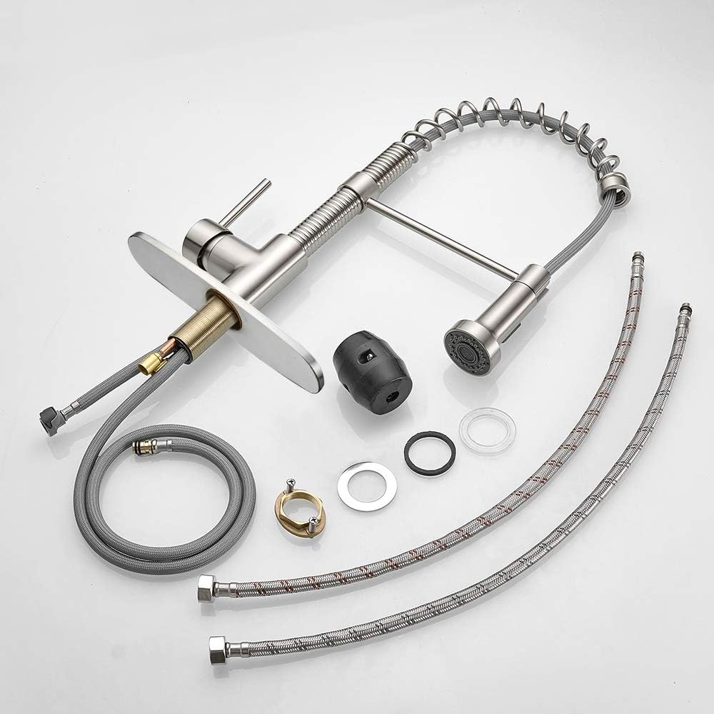 OWOFAN Pull Out Kitchen Faucet Low Lead Commercial Single Handle Pull Down Sprayer Spring Kitchen Sink Faucet, Brushed Nickel Kitchen Faucets with Deck Plate 866055SN - - 