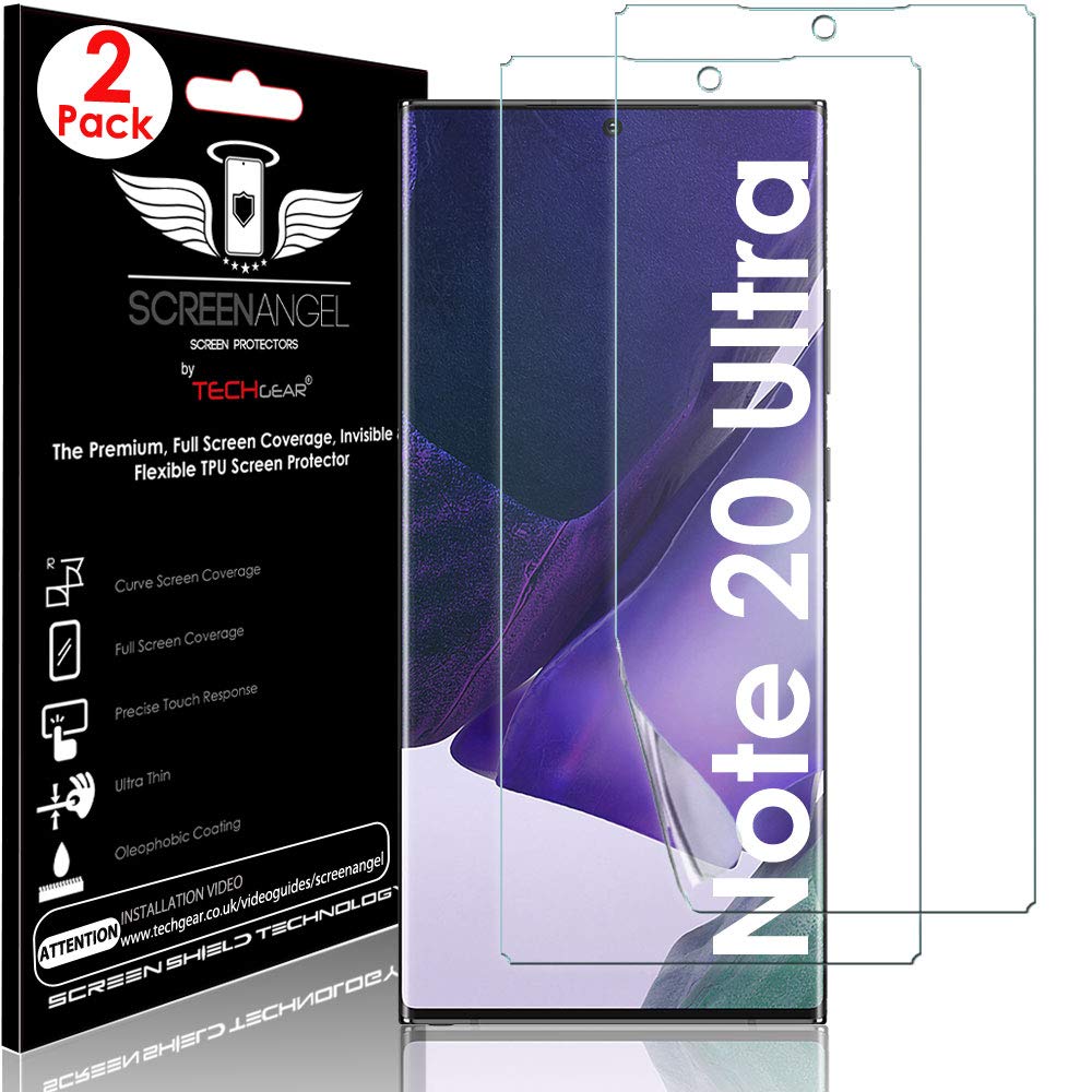 TECHGEAR [2 Pack Screen Protector fits Samsung Galaxy Note 20 Ultra [Screen Angel Edition] [In-Display Fingerprint Support] [Case Friendly] [Bubble Free] [FULL Screen Cover] HD Clear Flexi TPU Film
