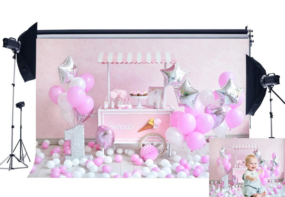 Haosphoto Girls 1st Birthday Backdrop 7X5FT Vinyl Sweet Candy Cart Backdrops Paper Flowers Balloons Girls Room Photography Background for Baby Shower Dessert Table Wallpaper Photo Studio Props QB202