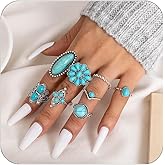 Meztole Turquoise Rings for Women Bohemian Turquoises Ring Set Vintage Western Rings for Finger Stackable Knuckle Ring Western Jewelry