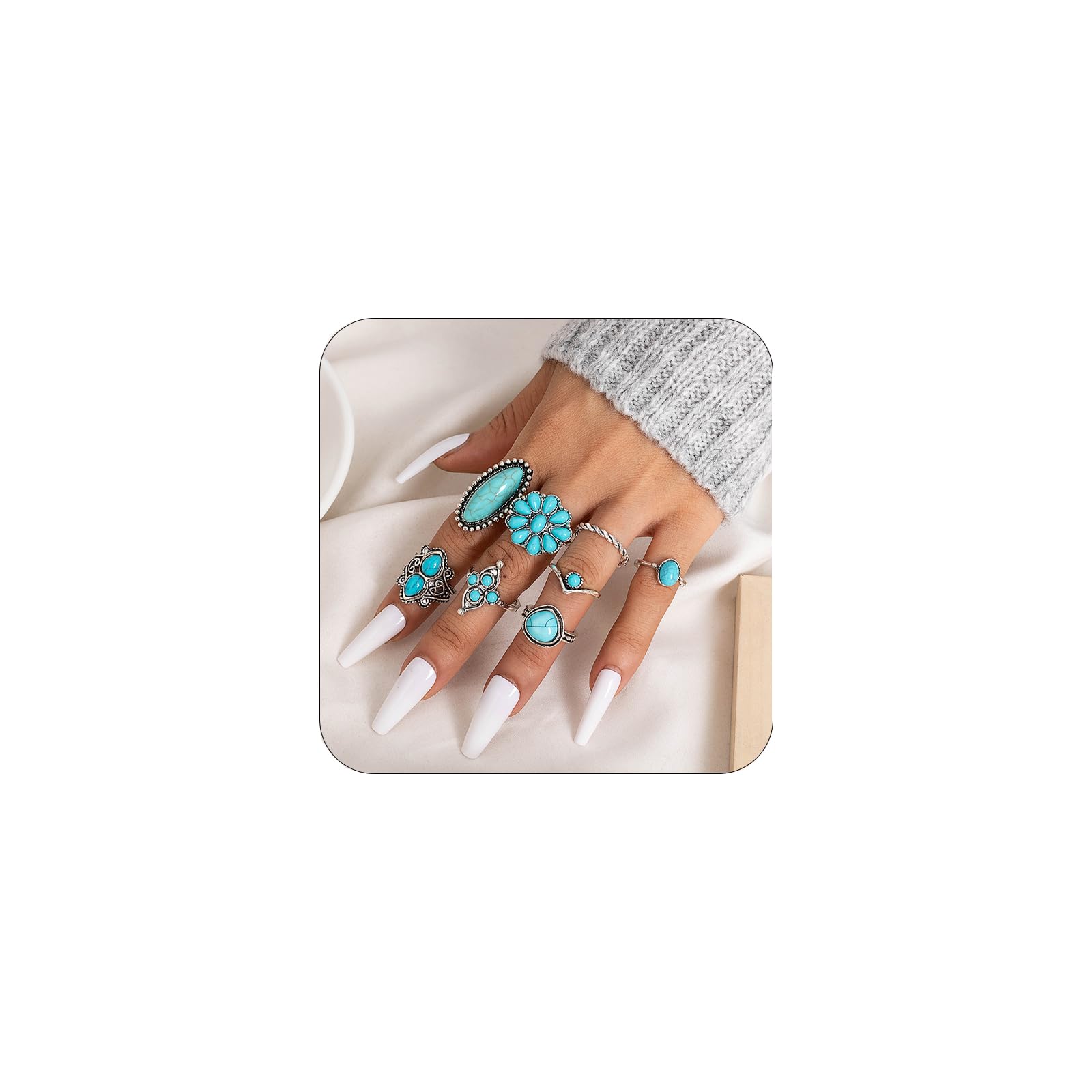 Photo 1 of ** there are some pieces loose ***Bohemian Turquoise Ring for Women Boho Stackable Knuckle Rings Set Turquoise Finger Ring Vintage Oval Flower Starfish Teardrop Midi Ring Western Rings Jewelry Gifts (Style-B)