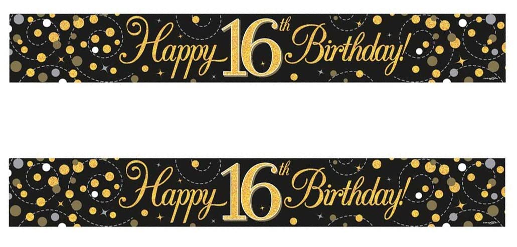2 PACKS of 16th Birthday Banner/Sparkling Fizz Age 16 Birthday Black & Gold Holographic Party Banner Decorations