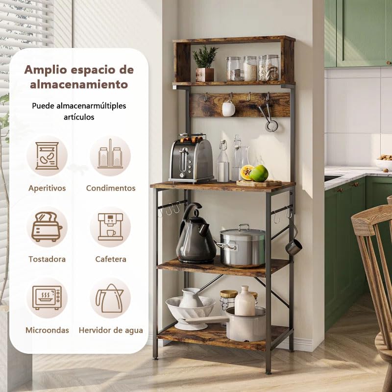 YYDSKIT Alacena de Almacenamiento de 5 Niveles, Estante de Cocina con 6 Ganchos，Estantes Organizadores, Estante de Microondas, Almacenamiento Multiusos de Cocina, Sala, Oficina，Cafetería (Marrón)