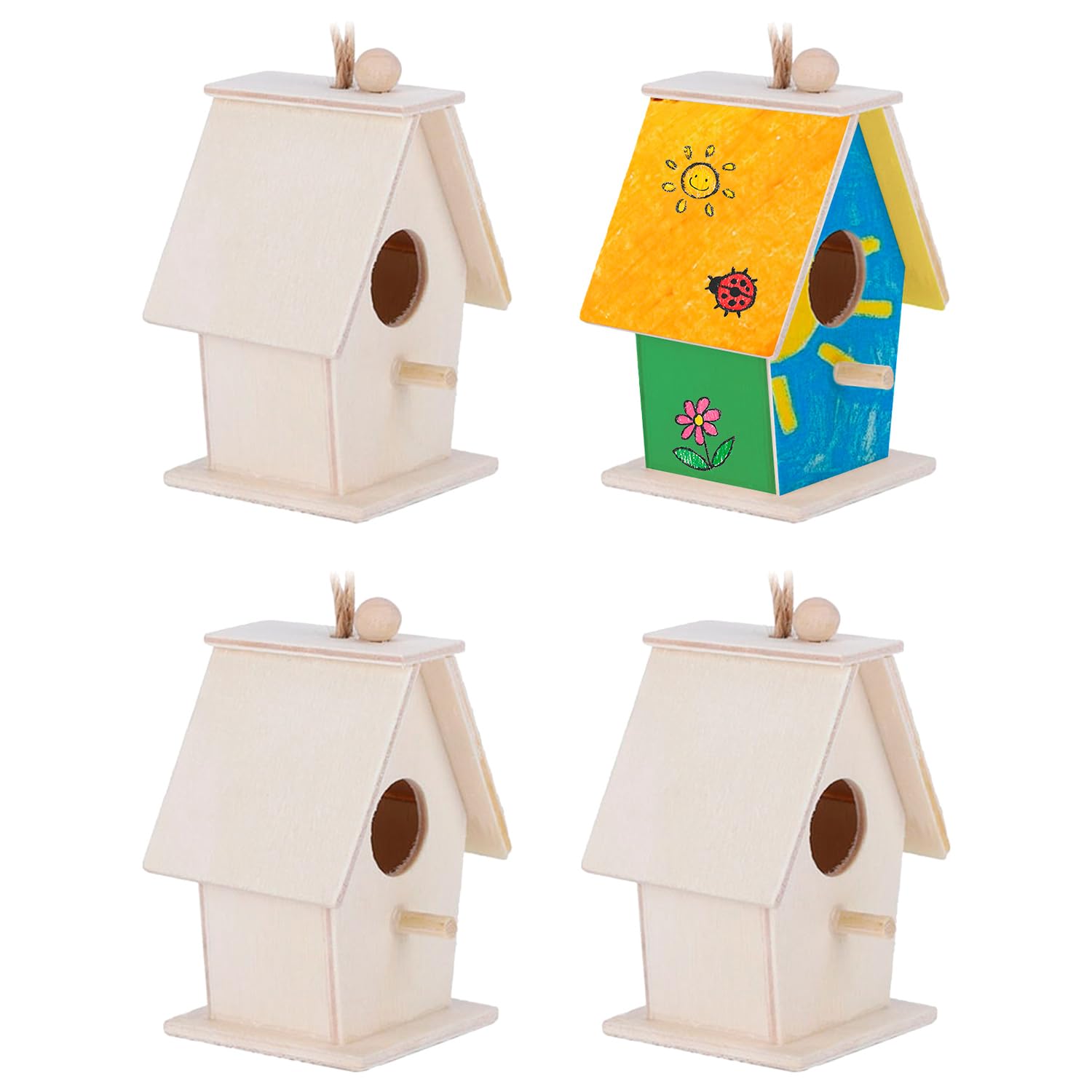 Wooden Bird House, 4Pcs Mini Hanging Birdhouse Nesting Box Natural Unfinished Wood Bird Nests for Outdoor Garden Courtyard Decoration