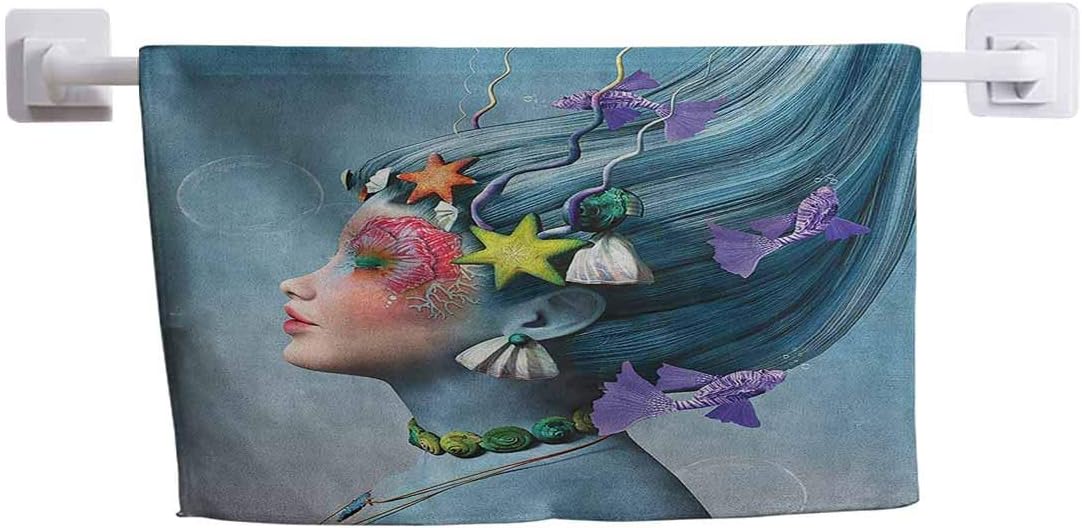 DayDayFun Kitchen Towel Mermaid Suitable for Swimming and Sports Towel Woman with Underwater Themed Make Up Hairstyle Starfishes Seashells Fishes Bubbles 12" x 35" Multicolor