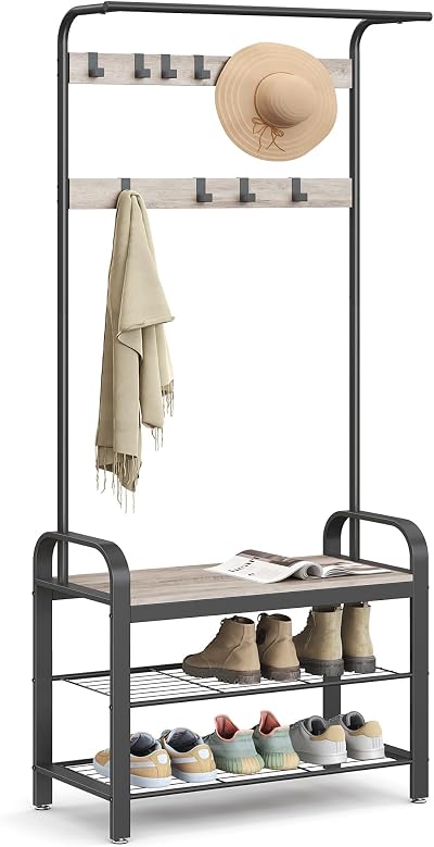 VASAGLE Coat Rack 4-in-1 with Shoe Storage Bench Hallway Organizer Greige Black