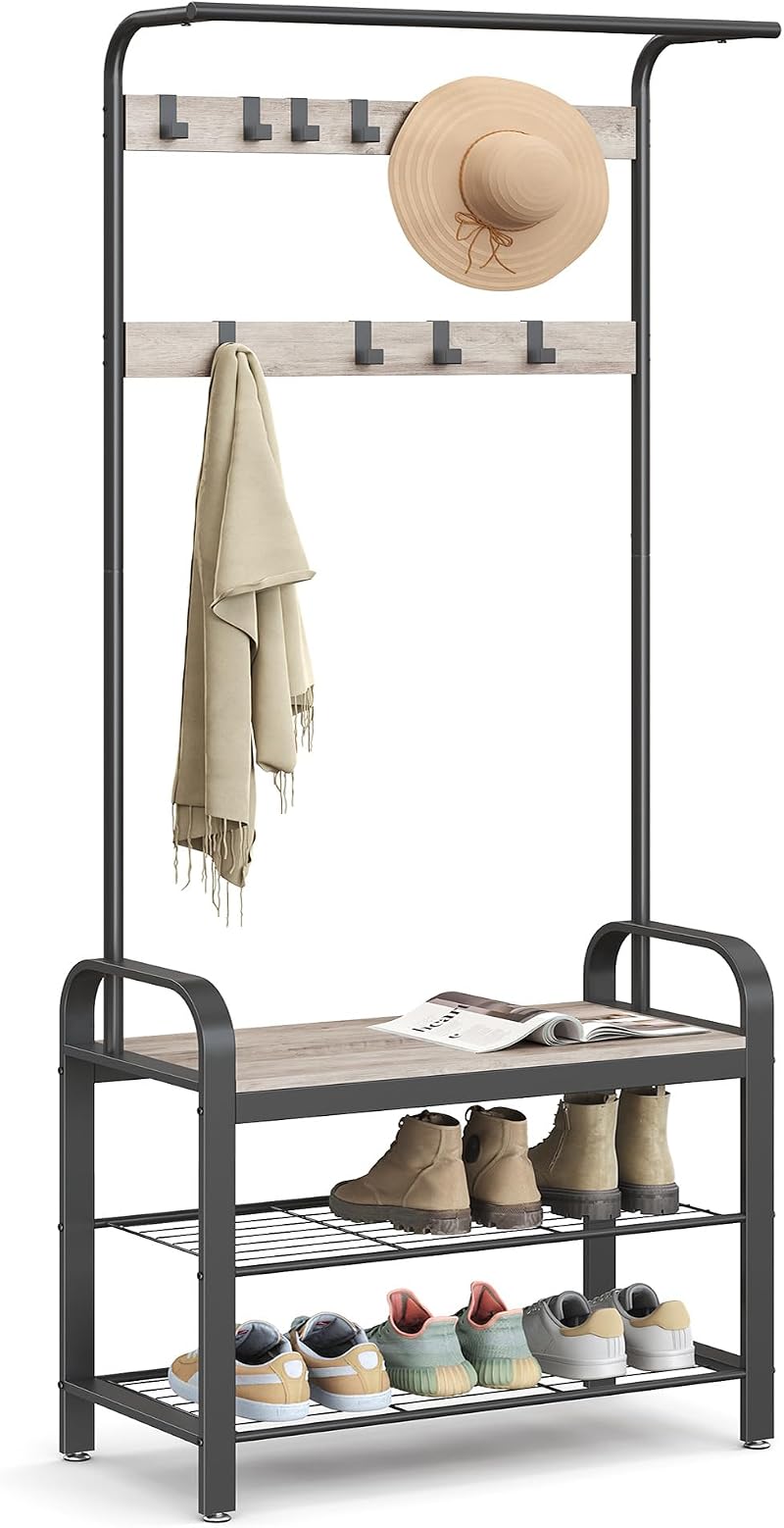 VASAGLE Coat Rack 4-in-1 with Shoe Storage Bench Hallway Organizer Greige Black