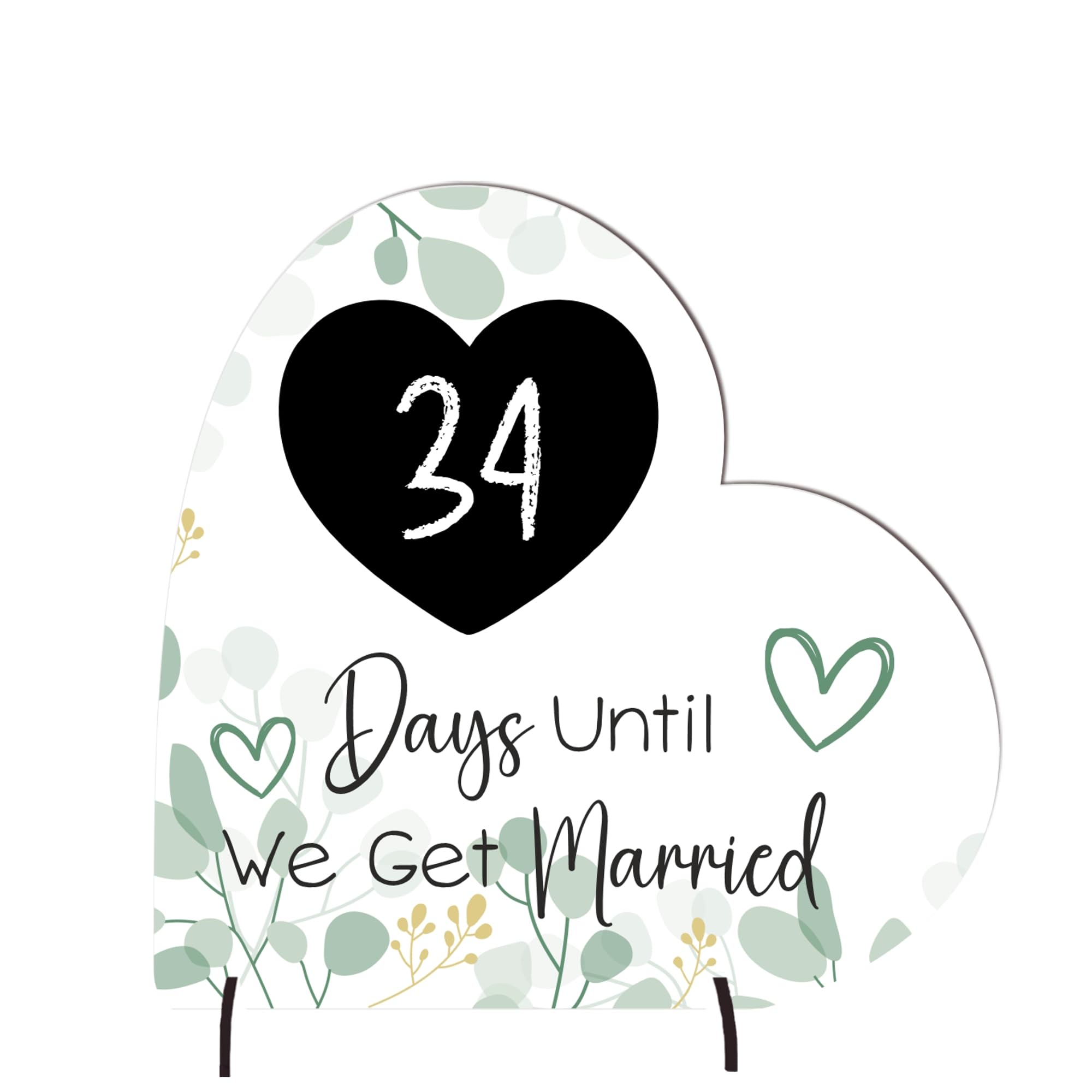 Pixie's Gifts Wedding Countdown Heart - Chalkboard Style - Rustic Wedding Decor - Mr & Mrs Gift for Anniversary Day's Until we get Married (Medium 13.5cm x 13.3cm, Green Leaves)