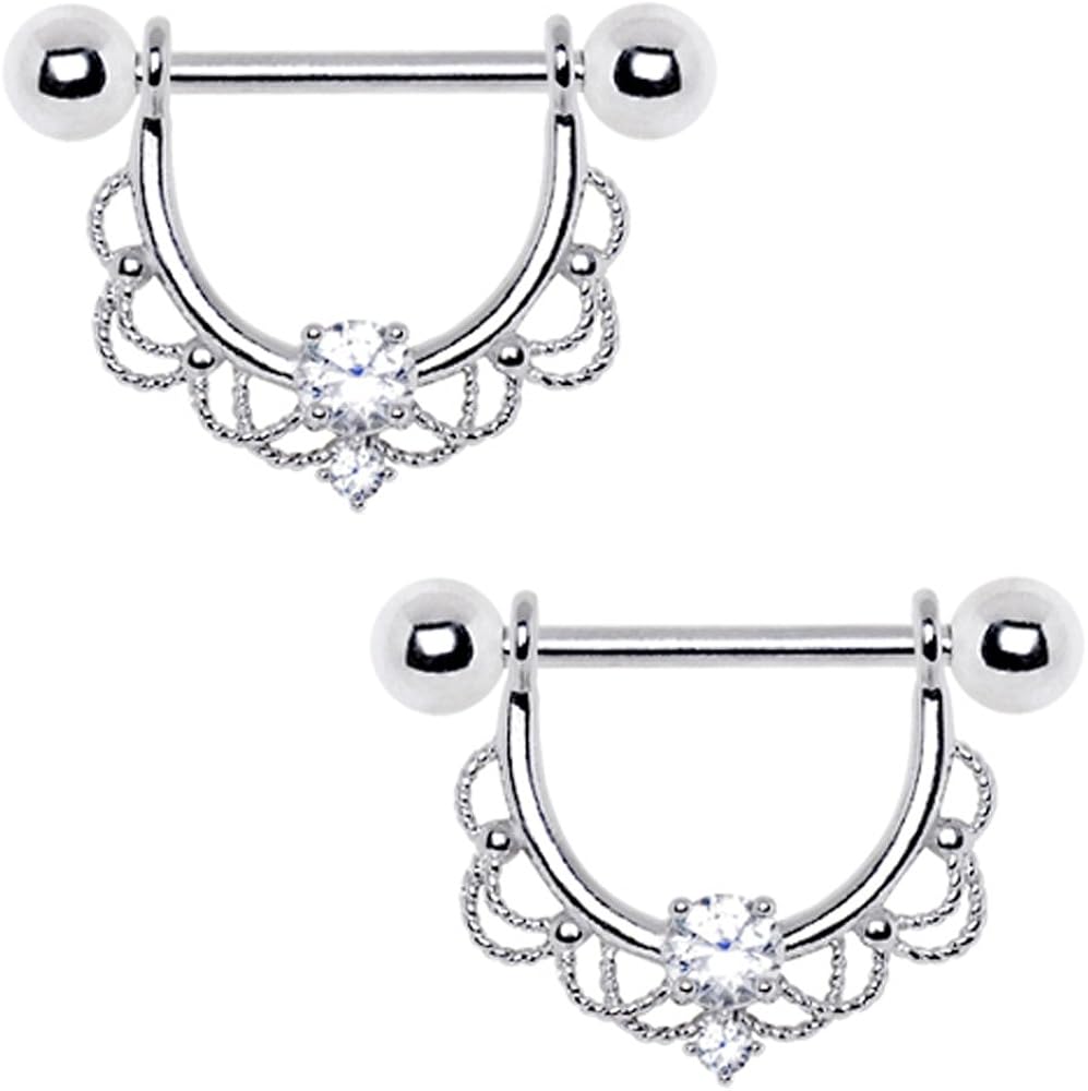 Pair of 316L Stainless Steel Made For Royalty Ornate Nipple Ring 14 Gauge 9/16" Jewelry