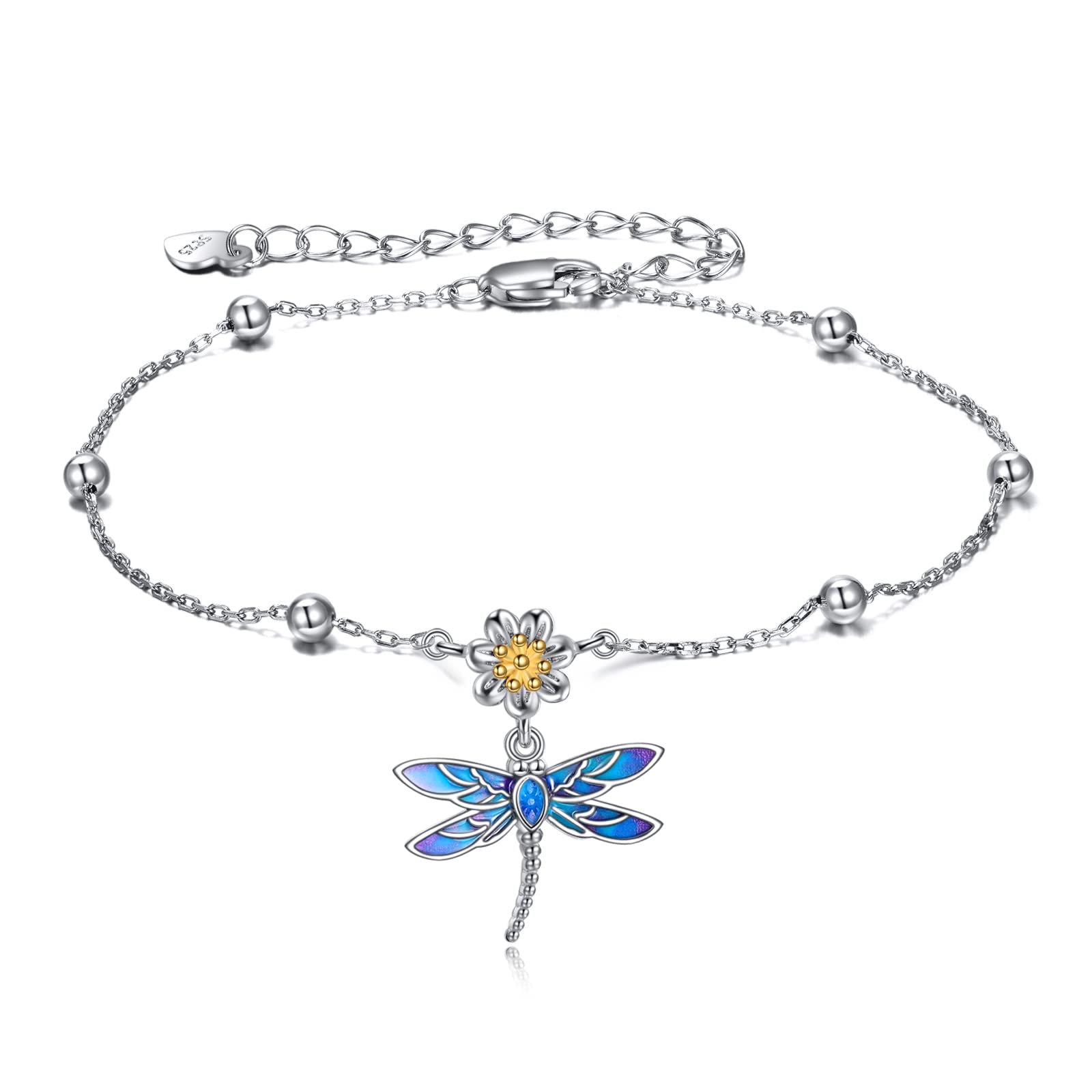 YAFEINI Dragonfly Ankle Bracelets Jewellery Gifts for Women Sterling Silver Dragonfly Flower Anklet Chain Link Anklets with 2.5 inchs Extension Chain