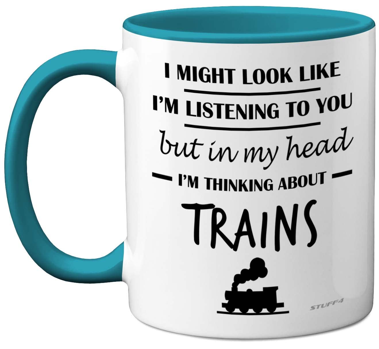 Stuff4 Steam Train Gifts for Men - in My Head I'm Thinking About Trains Mug - Funny Gifts for Spotting Enthusiasts, Spotter 11oz Ceramic Light Blue Handle Premium Mugs Novelty Cup