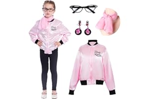 Sincere Party Pink Satin Jacket Back to the 50s Costume for Girls with Glasses,Scarf,Earrings