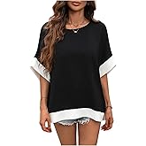 Verdusa Women's Half Sleeve Loose Tunic Blouse Top Color Block Business Casual Outfits