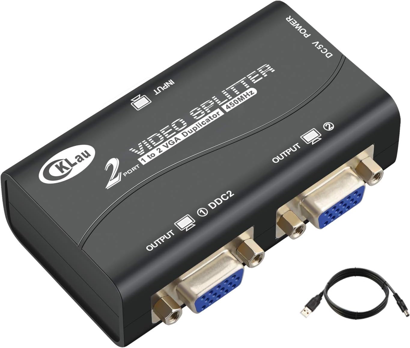 VGA Splitter 2 Port CKLau 450MHz Bandwidth Amplifier Box 1 PC to 2 Monitors SVGA Video Splitter Support 2048 x 1536 Resolution up to 164ft for Screen Duplication