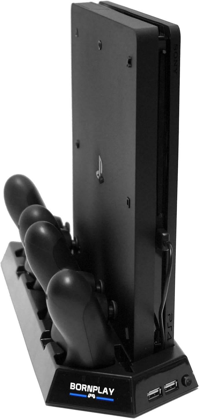 BORNPLAY Slimstation: PS4 Slim Vertical Stand with Cooling Fan and Dual Charging Station for Controllers - Includes USB Hub (Ports)