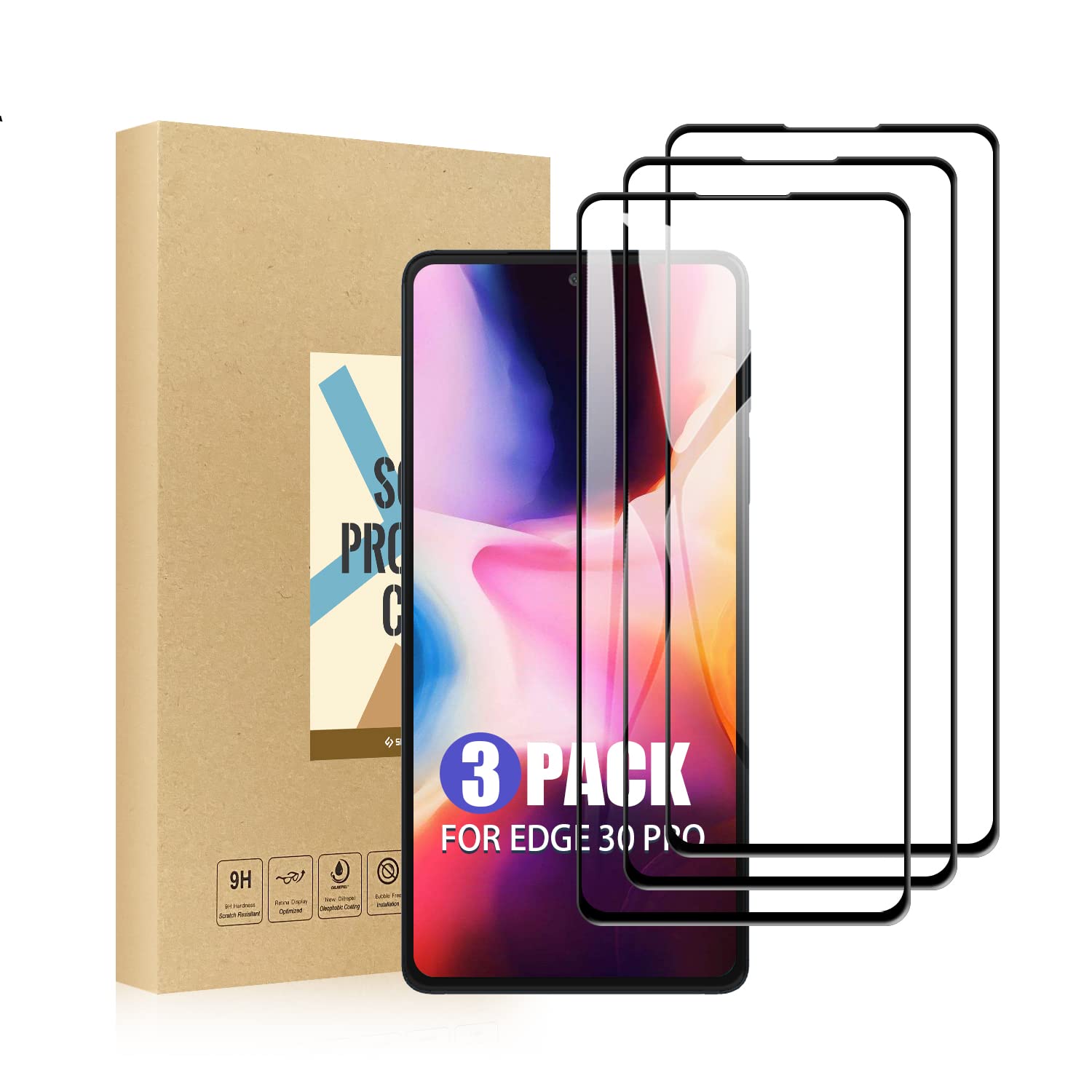 SCL Screen Protector Compatible with Moto Edge 30 Pro Screen Protector Motorola Edge 30 Pro Tempered Glass Film [3-Pack], [Full Coverage, Easy Installation, Bubble-free, 9H Hardness]