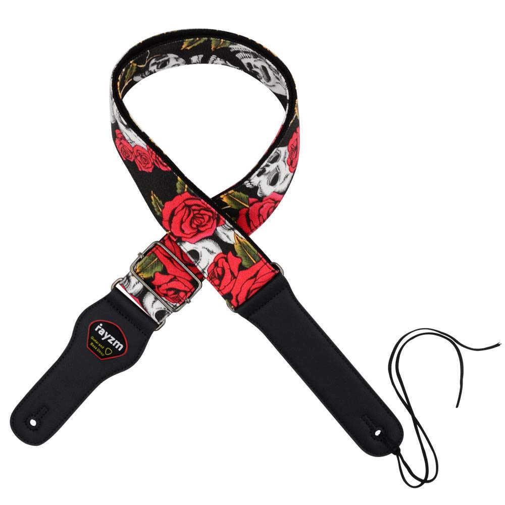 Rayzm Guitar Strap/Bass Strap, Cotton Belt for Acoustic/Electric/Bass Guitar with Plectrum Picks Pocket, Beautiful Rose with Cool Skull Pattern, 5cm Wide,Metal Buckle, Adjustable Length