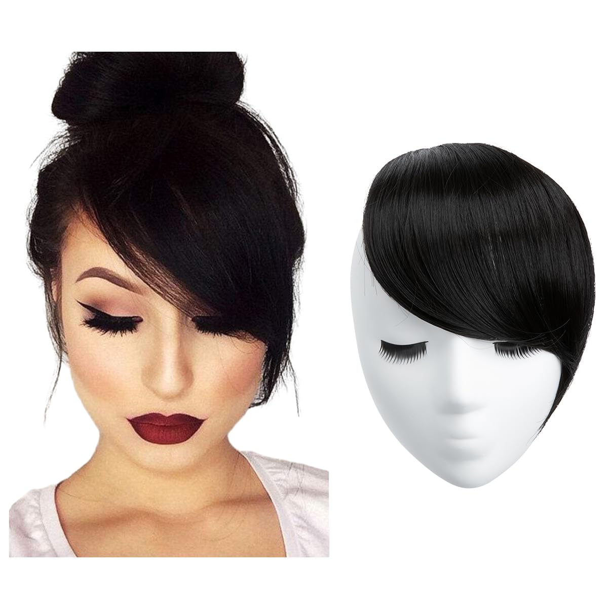 Photo 1 of SARLA Side Hair Bangs Clip in Off Black One Piece Straight Synthetic Bangs Extension for Women
