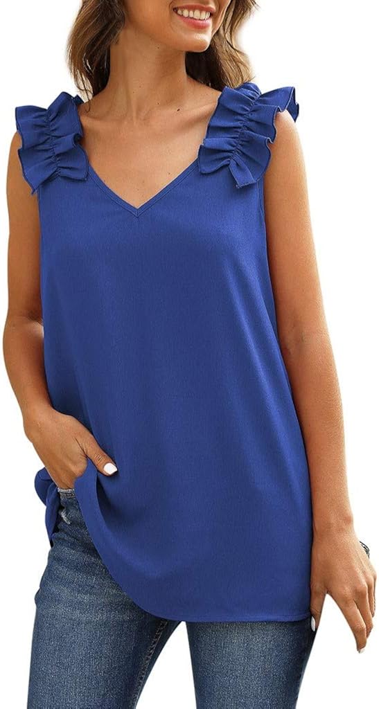 FONMA Womens Fashion V Neck Sleeveless Pleated Shoulder Casual Elegant Tank Tops