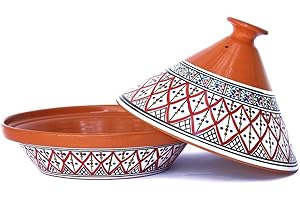 Kamsah Tagine Pot for Flavor Enrichment - Clay Pot for Cooking (12”, 4.1 QT) - Moroccan Ceramic Pots for Cooking with Lid & Serving Bowl - Large Handmade Cookware, Bohemian Red, Non-Stick, Lead-Free